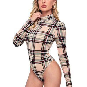 Sweaty Rock Women's L Plaid Long Sleeve High Neck Stretch Leotard Bodysuit Peach